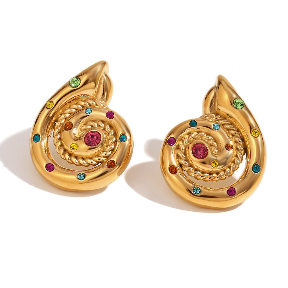 Swirl Stud Earrings with Colourful Crystals – Statement Earrings for Women