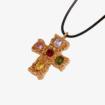 Gold-Plated Gemstone Cross Pendant Necklace – Trendy Fashion Accessory - Begum