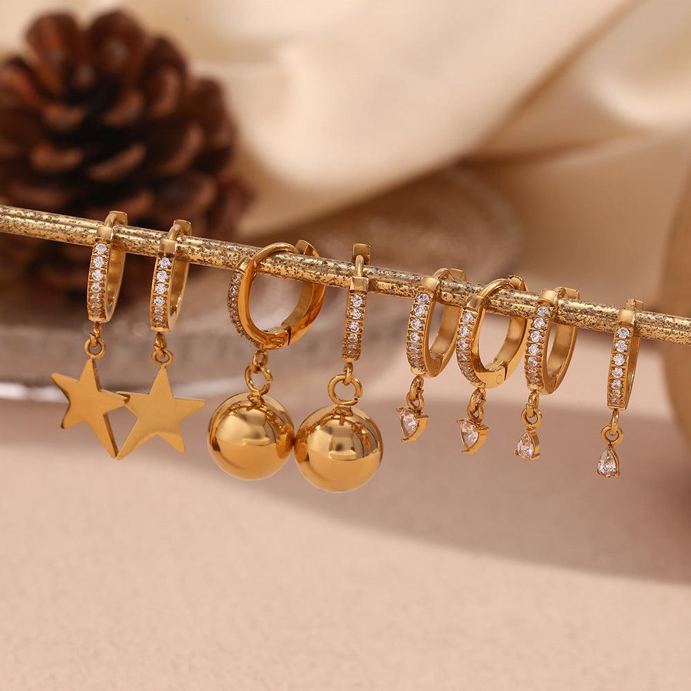 Gold-Plated Star and Sphere Drop Earrings-Hypoallergenic Fashion Earrings - Begum