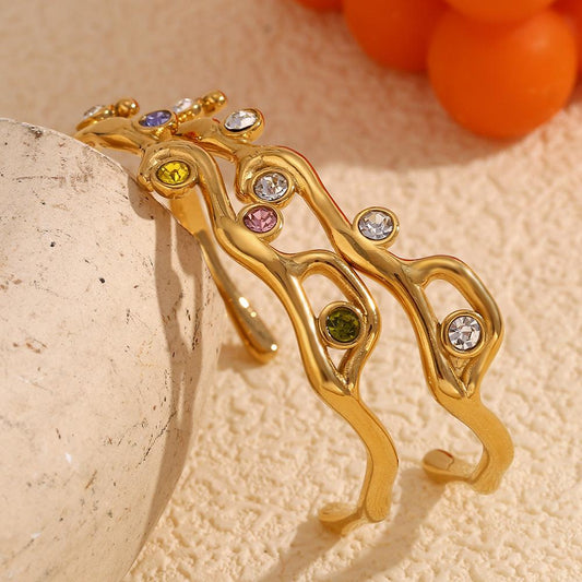 Vintage Gold-Plated Cuff Bracelet with Multicolored Crystals – Fashion Jewelry for Women - Begum