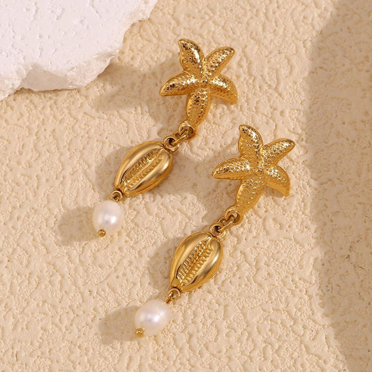 Vintage Starfish and Shell Drop Earrings with Simulated Pearl – Fashion Jewelry for Women - Begum