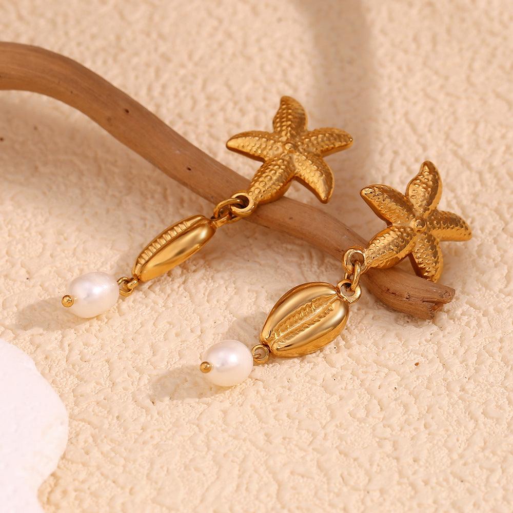 Vintage Starfish and Shell Drop Earrings with Simulated Pearl – Fashion Jewelry for Women - Begum