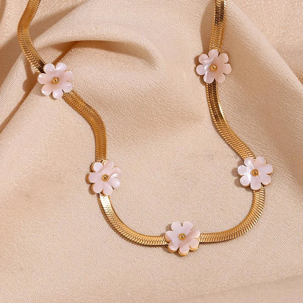 Trendy Gold Choker Necklace with White Flower Charms - Begum