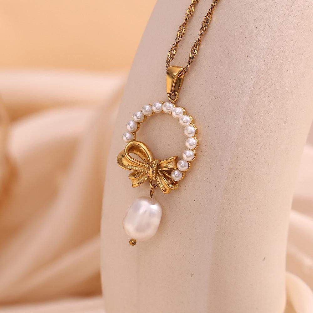 Romantic Bowknot Simulated Pearl Pendant Necklace – Fashion Jewelry - Begum