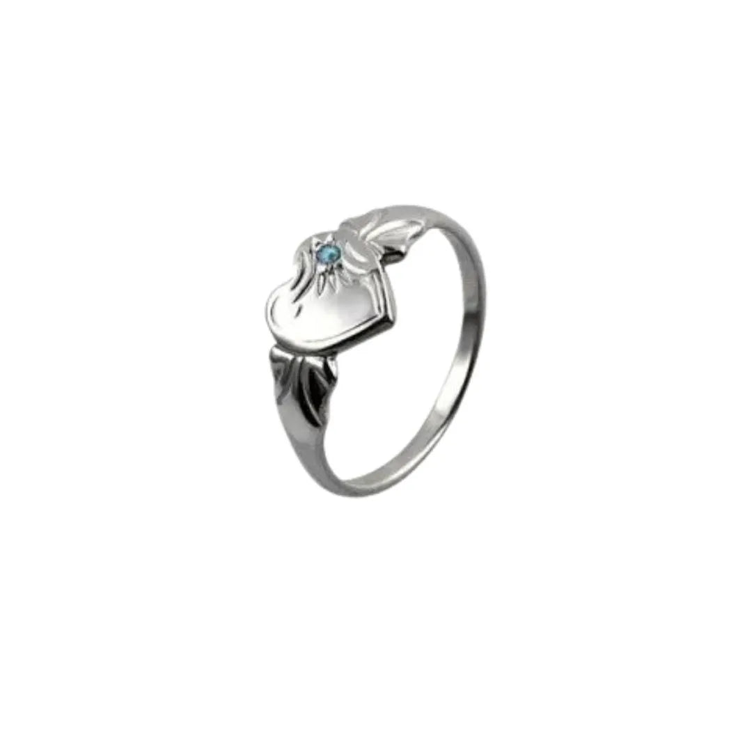 March Heart Birthstone Signet Ring in Sterling Silver
