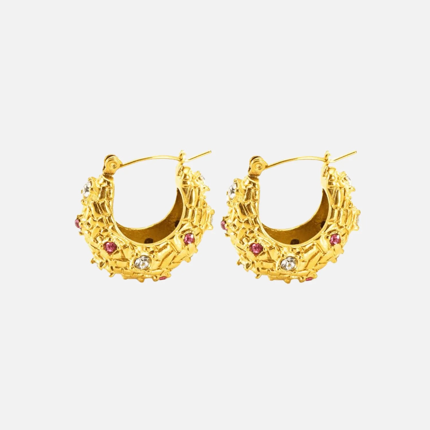 Gold Textured Hoop Earrings with Pink and White Crystals - Begum