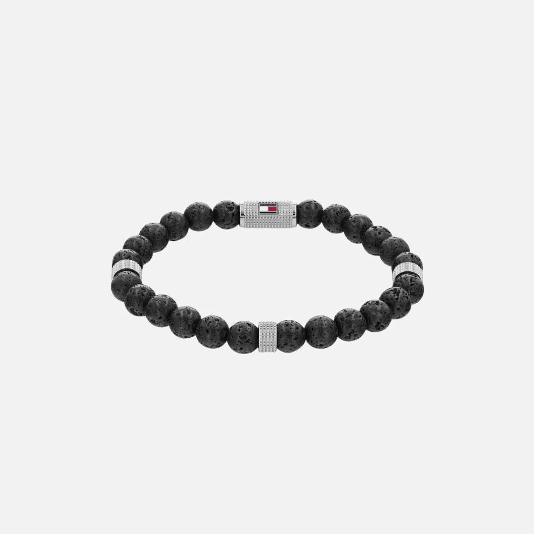 Tommy Hilfiger Jewellery Stainless Steel & Black Lava Bead & Black Elastic Rope Men's Stone Bracelet