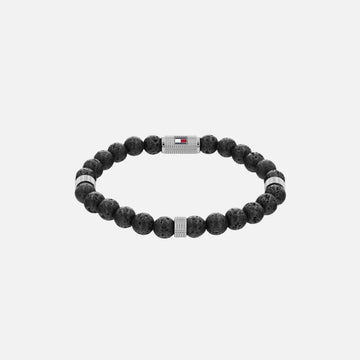 Tommy Hilfiger Jewellery Stainless Steel & Black Lava Bead & Black Elastic Rope Men's Stone Bracelet