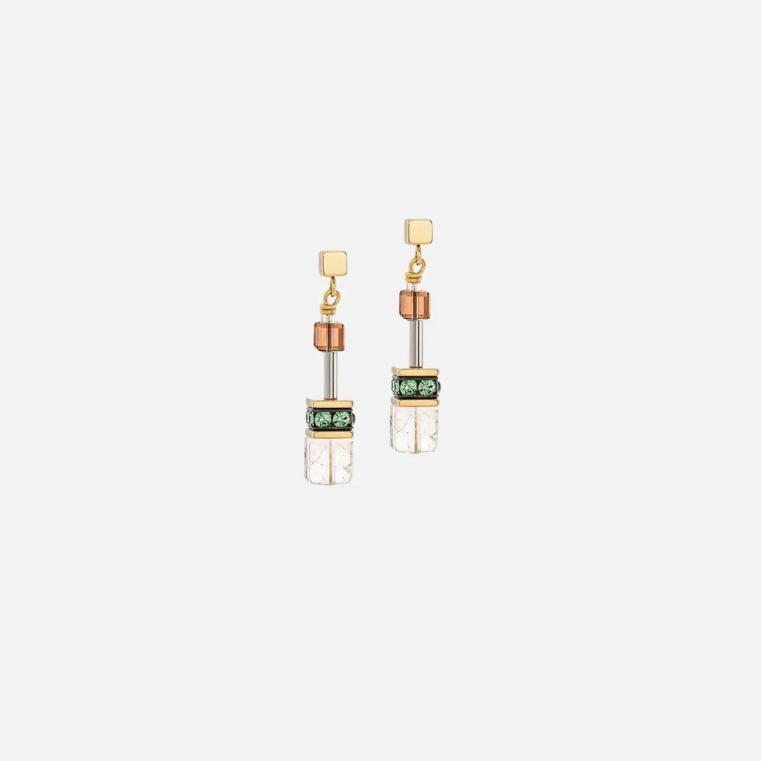 Coeur de Lion GeoCUBE Iconic Nature Earrings in Gold with Olive & Brown