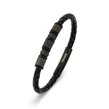 Blaze Stainless Steel Men’s Black Leather Bangle With Carbon Fiber Beads