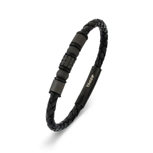 Blaze Stainless Steel Men’s Black Leather Bangle With Carbon Fiber Beads