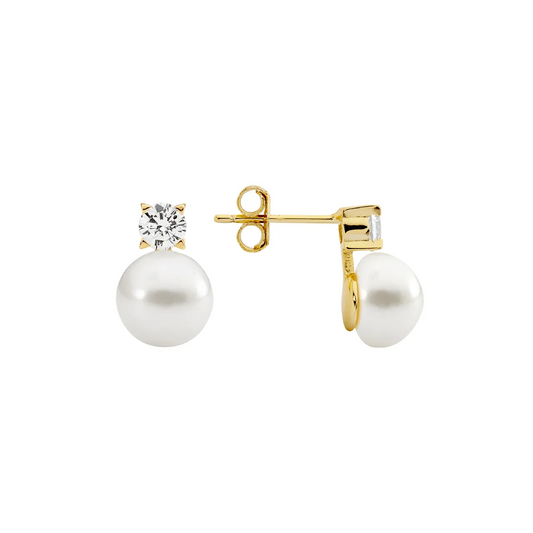 Claw Set CZ with Freshwater Pearl Earrings in Gold
