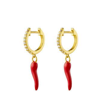 Yellow Gold Plated CZ Huggie Earrings With Red “Cornicello” Horn Charm