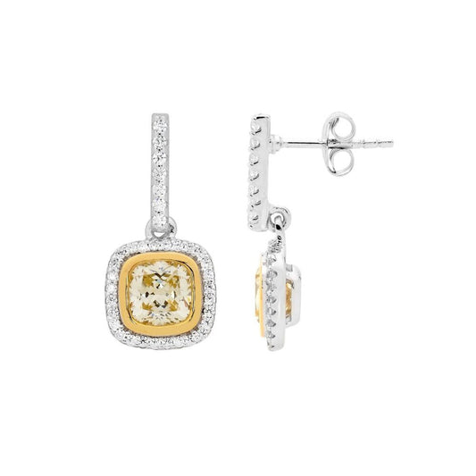 Ellani SS Yellow CZ Cushion Cut W/ Gold Plating Bezel, CZ Halo Drop Earrings
