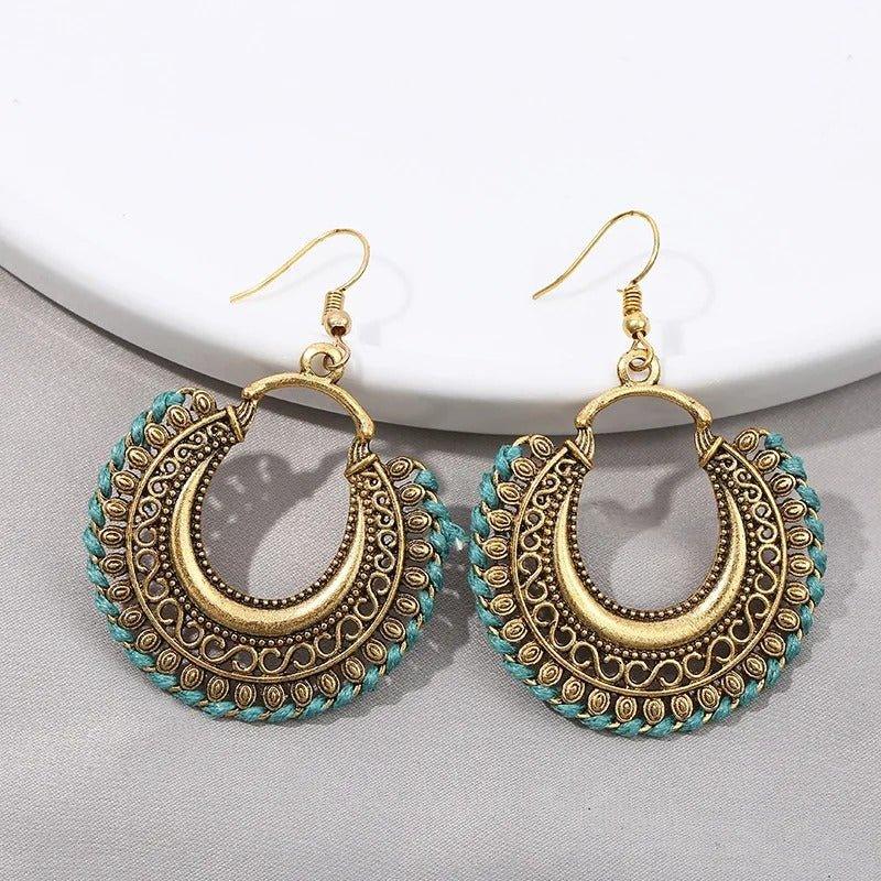 Bohemian Gold-Tone Drop Earrings with Geometric Patterns - Begum