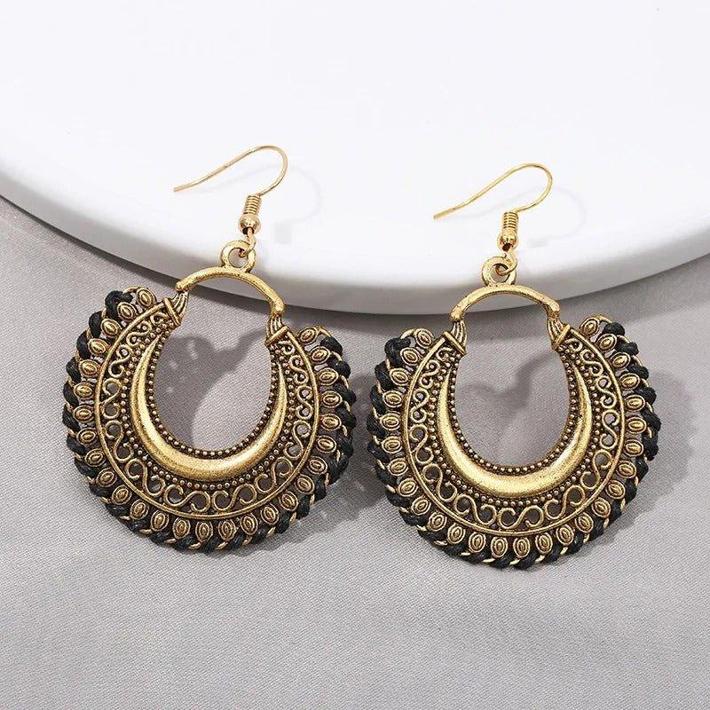 Bohemian Gold-Tone Drop Earrings with Geometric Patterns - Begum