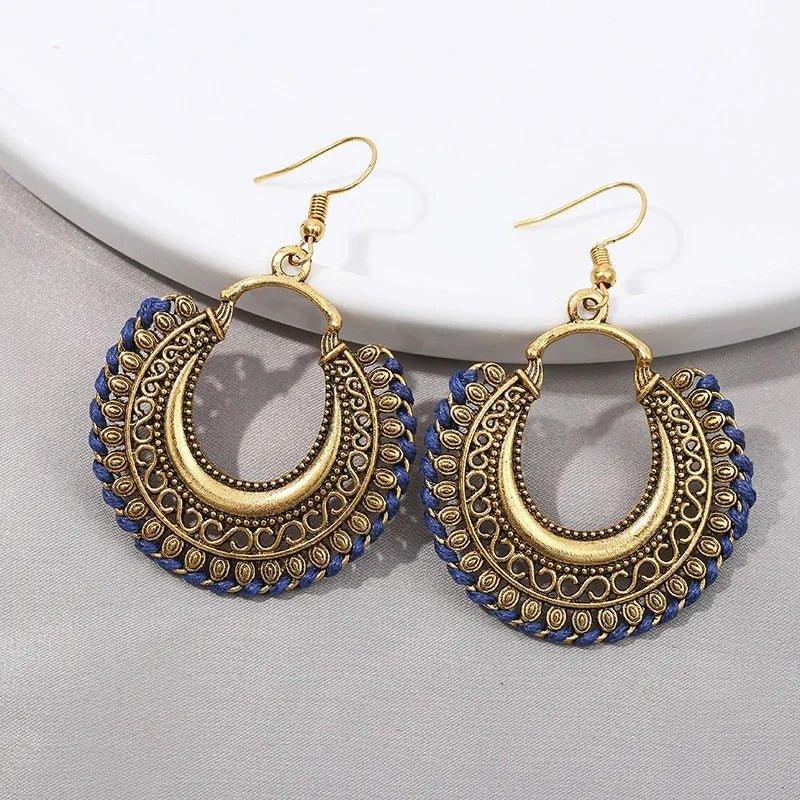 Bohemian Gold-Tone Drop Earrings with Geometric Patterns - Begum