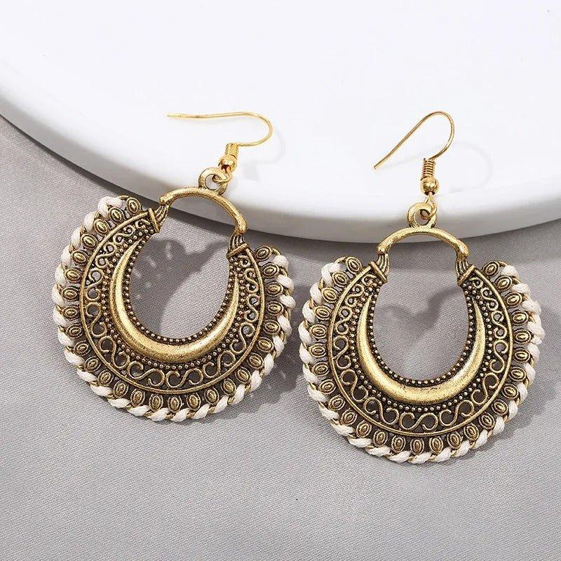 Bohemian Gold-Tone Drop Earrings with Geometric Patterns - Begum