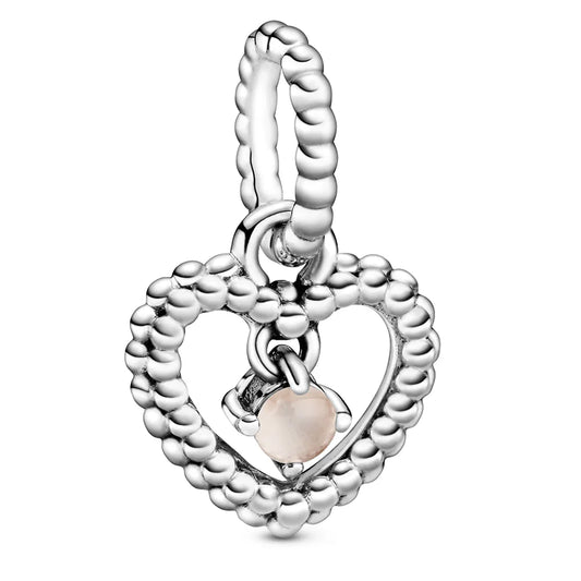 June Misty Rose Heart Silver Hanging Charm with Man-Made Misty Rose Crystal