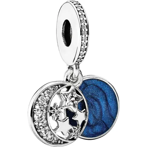 Vintage Night Sky Silver Hanging Charm w Midnight Blue Enamel & Clear CZ