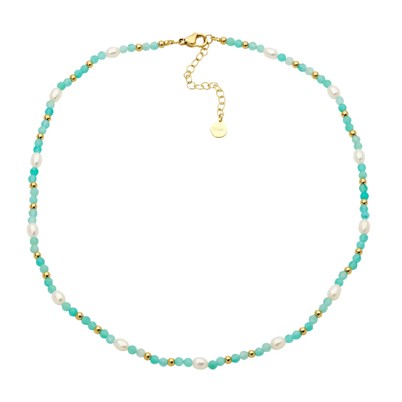 Ellani Stainless steel amazonite & freshwater pearl 40cm necklace w/gold IP plating