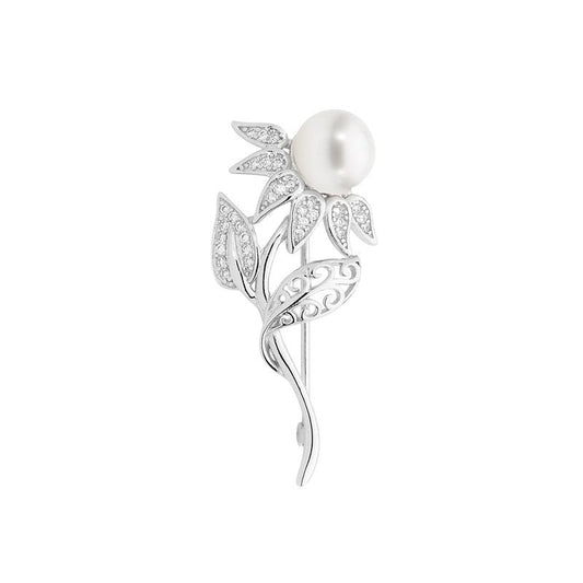 Ellani SS WH CZ Flower Brooch w/ Freshwater Pearl