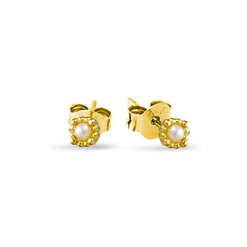 Yellow Gold Plated Sterling Silver Bead Framed Pearl Stud Earrings