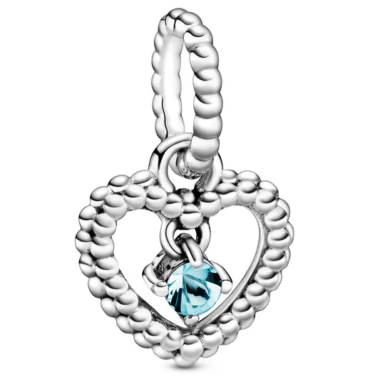 March Aqua Blue Heart Silver Hanging Charm with Man-Made Water Blue Crystal