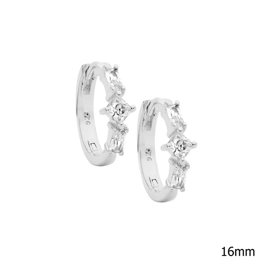 Ellani SS Baguette & Princess WH CZ 16mm Hoop Earrings