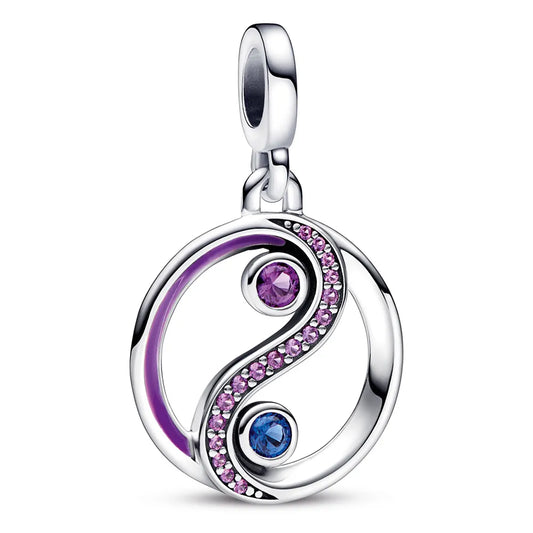 Ying and Yang sterling silver medallion with stellar blue and royal purple crystal and purple enamel