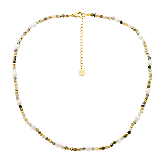 Ellani Stainless Steel Tree Agate & Freshwater Pearl 40cm Necklace W/Gold IP Plating