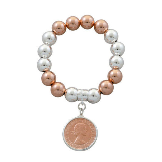 Sterling Silver 2 Tone Rose Gold Ball Bracelet With Two Tone Half Penny