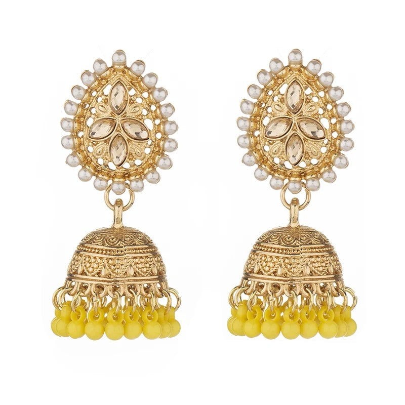 Elegant Golden Jhumka Earrings with Pearls and Gemstones