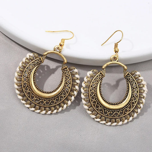 Bohemian Gold-Tone Drop Earrings with Geometric Patterns