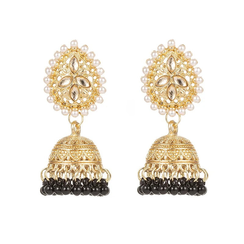 Elegant Golden Jhumka Earrings with Pearls and Gemstones