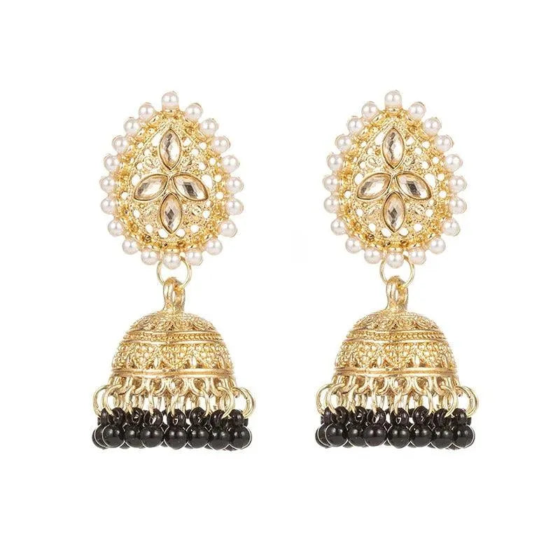 Elegant Golden Jhumka Earrings with Pearls and Gemstones - Begum