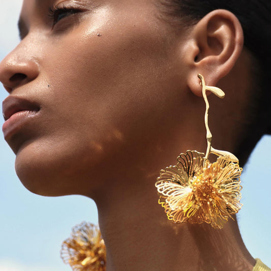 Intricate Gold Orchid Drop Earrings