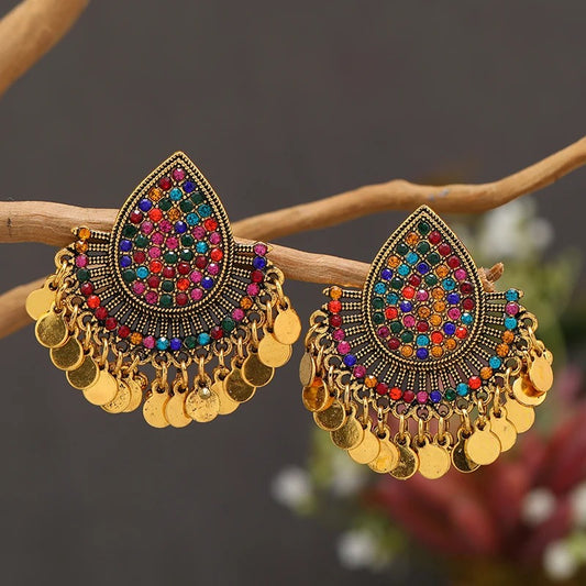 Vintage Jhumka Earrings with Colorful Stones and Gold-Tone Finish