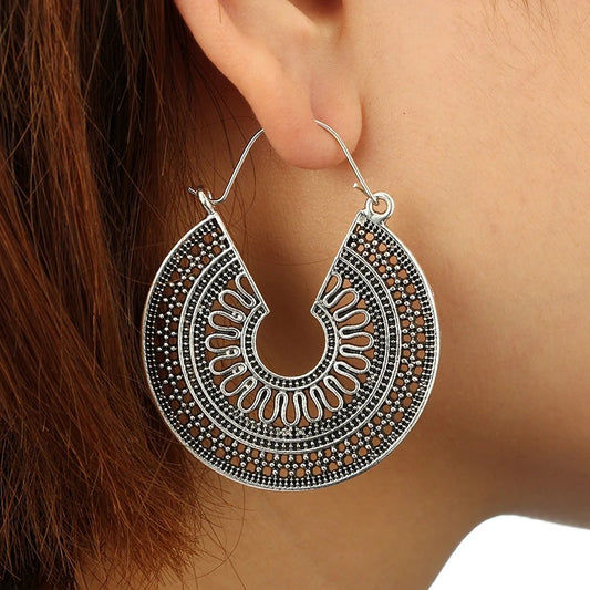 Vintage Silver-Tone Hoop Earrings with Intricate Geometric Design