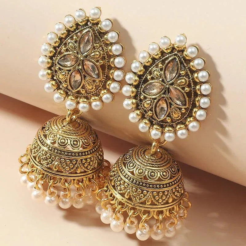 Elegant Golden Jhumka Earrings with Pearls and Gemstones - Begum