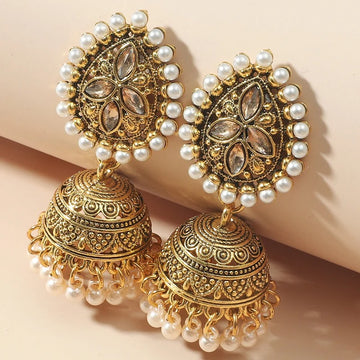 Elegant Golden Jhumka Earrings with Pearls and Gemstones