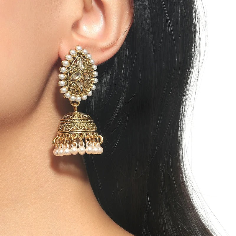 Elegant Golden Jhumka Earrings with Pearls and Gemstones