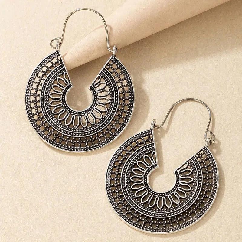 Vintage Silver-Tone Hoop Earrings with Intricate Geometric Design - Begum