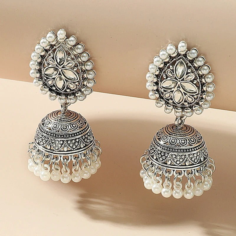 Elegant Golden Jhumka Earrings with Pearls and Gemstones