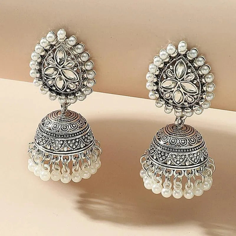 Elegant Golden Jhumka Earrings with Pearls and Gemstones - Begum