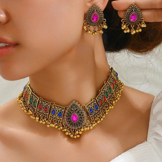 Mughal Inspired Gold-Tone Pearl Necklace Set with Earrings