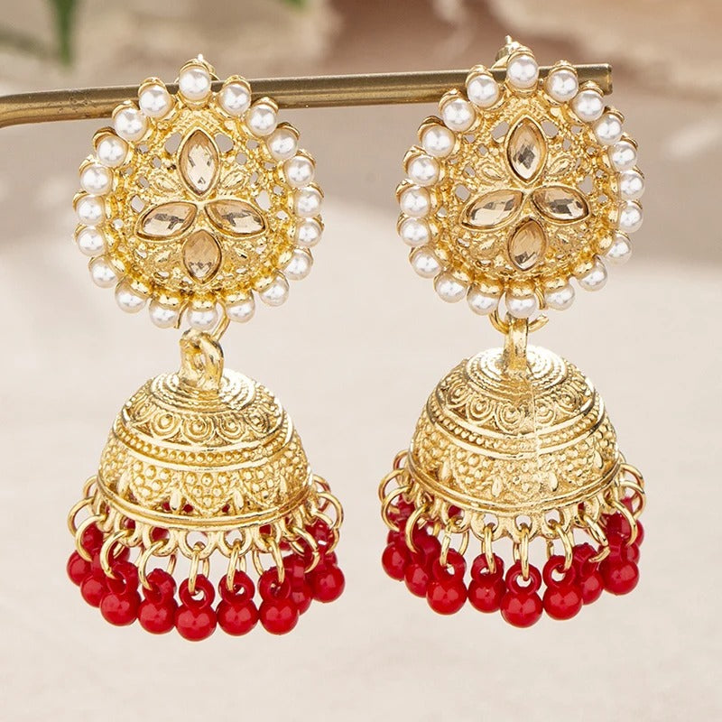 Elegant Golden Jhumka Earrings with Pearls and Gemstones