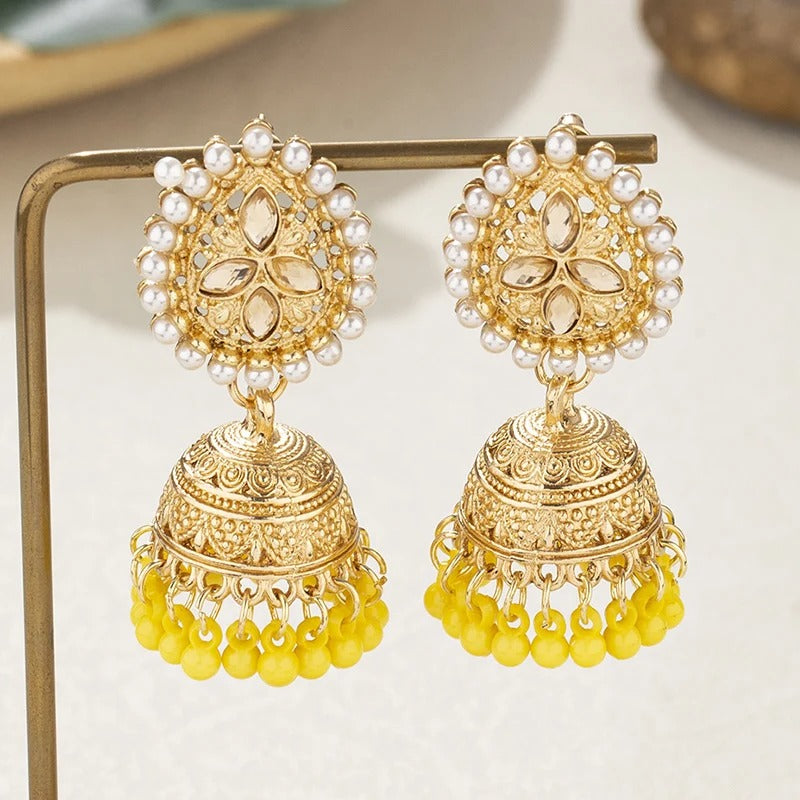 Elegant Golden Jhumka Earrings with Pearls and Gemstones