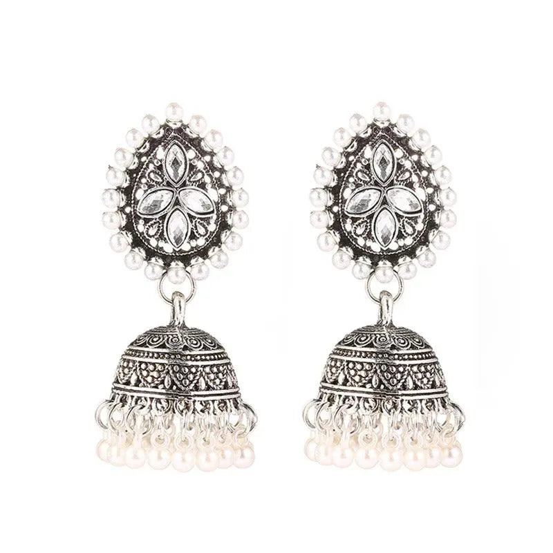 Elegant Golden Jhumka Earrings with Pearls and Gemstones - Begum