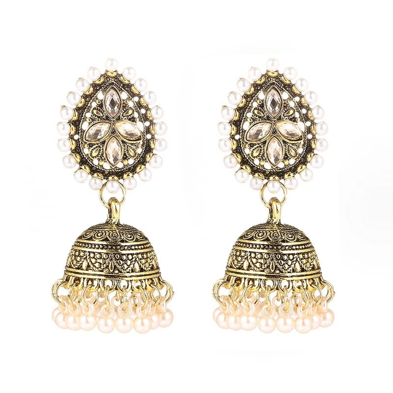 Elegant Golden Jhumka Earrings with Pearls and Gemstones